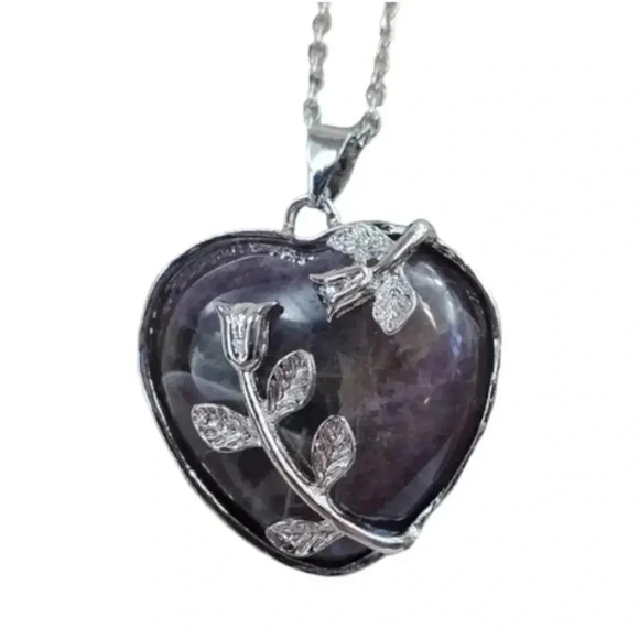 Purple Amethyst Heart with Vines Necklace Natural Stone Jewelry Gifts - Picture 1 of 7